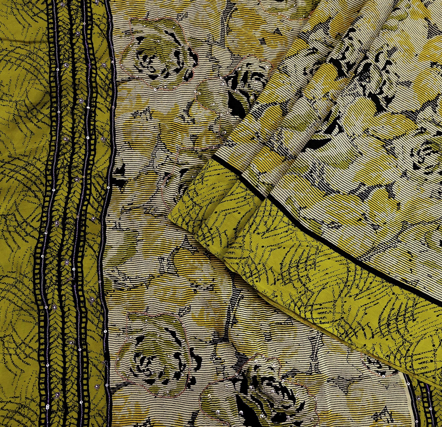 Indian Vintage Sari Beige & Green Pure Crepe Silk Hand Embroidered Saree 5yd Sewing Floral Craft Sequins Dress making Crafting Quilting
