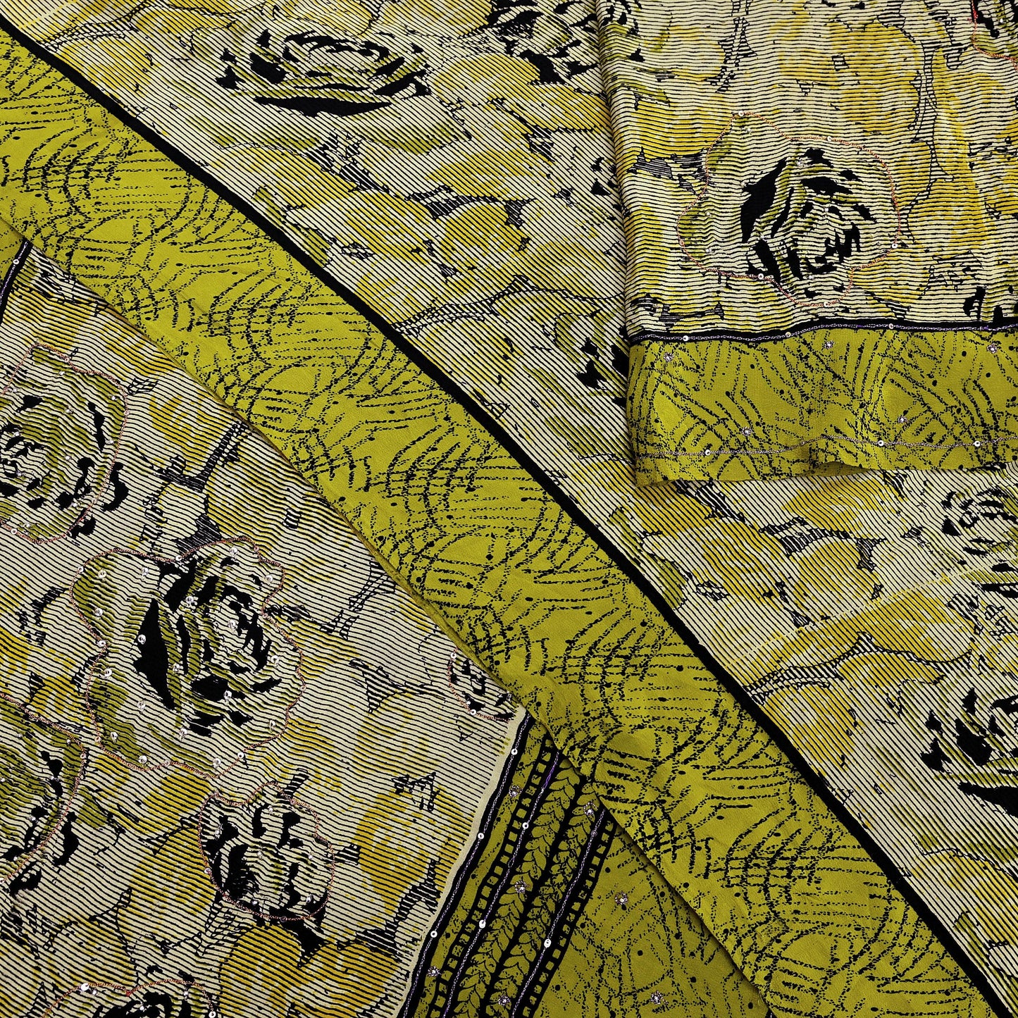 Indian Vintage Sari Beige & Green Pure Crepe Silk Hand Embroidered Saree 5yd Sewing Floral Craft Sequins Dress making Crafting Quilting