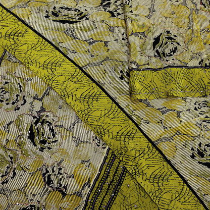 Indian Vintage Sari Beige & Green Pure Crepe Silk Hand Embroidered Saree 5yd Sewing Floral Craft Sequins Dress making Crafting Quilting