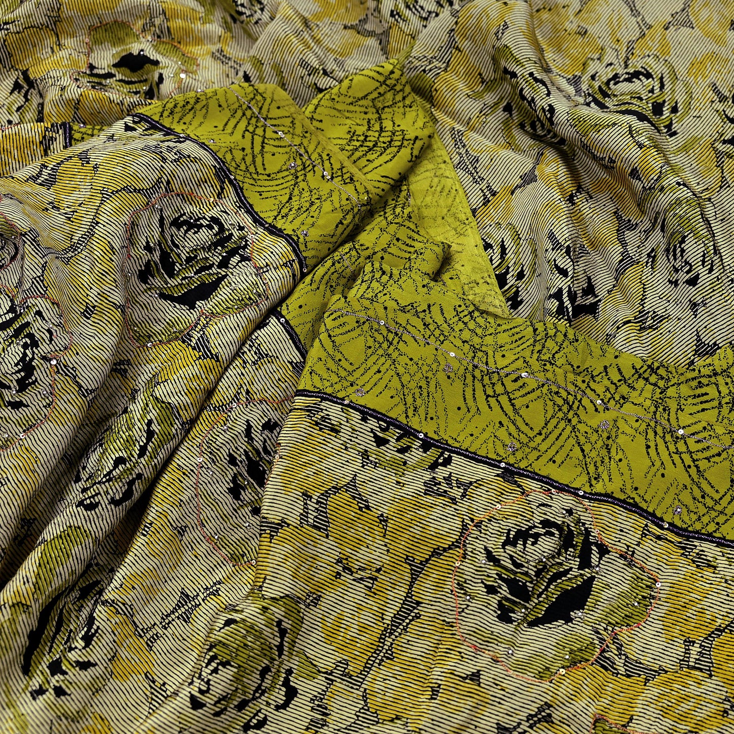 Indian Vintage Sari Beige & Green Pure Crepe Silk Hand Embroidered Saree 5yd Sewing Floral Craft Sequins Dress making Crafting Quilting