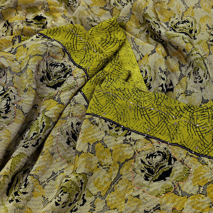 Indian Vintage Sari Beige & Green Pure Crepe Silk Hand Embroidered Saree 5yd Sewing Floral Craft Sequins Dress making Crafting Quilting