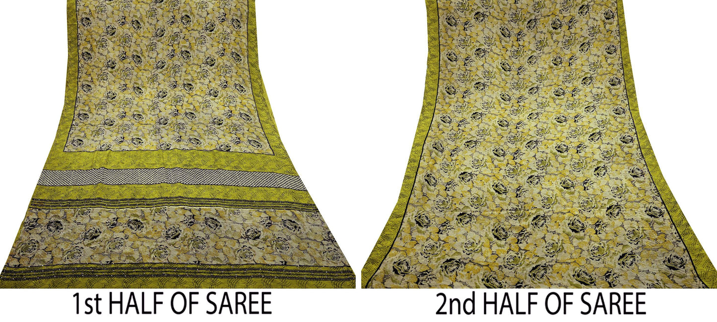 Indian Vintage Sari Beige & Green Pure Crepe Silk Hand Embroidered Saree 5yd Sewing Floral Craft Sequins Dress making Crafting Quilting