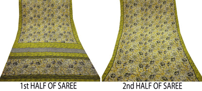 Indian Vintage Sari Beige & Green Pure Crepe Silk Hand Embroidered Saree 5yd Sewing Floral Craft Sequins Dress making Crafting Quilting