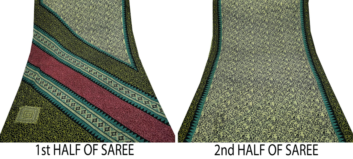 Indian Vintage Black & Beige Saree Pure Silk Printed Sari Craft Fabric 5yd Sewing Dress Making Soft Paisley Quilting Upcycle Crafting