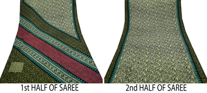Indian Vintage Black & Beige Saree Pure Silk Printed Sari Craft Fabric 5yd Sewing Dress Making Soft Paisley Quilting Upcycle Crafting