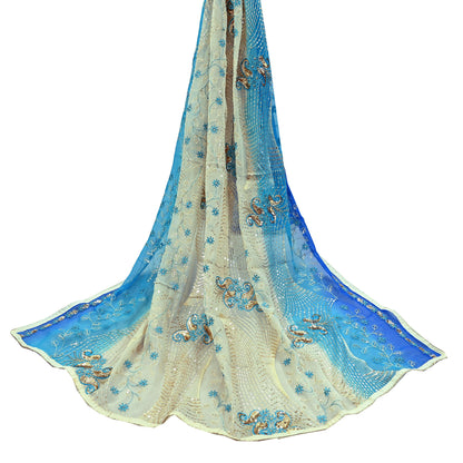 Indian Vintage Dupatta Blue & Ivory Pure Georgette silk Long Stole Embroidered Scarves Stole Veil Wrap Sequins Zari
