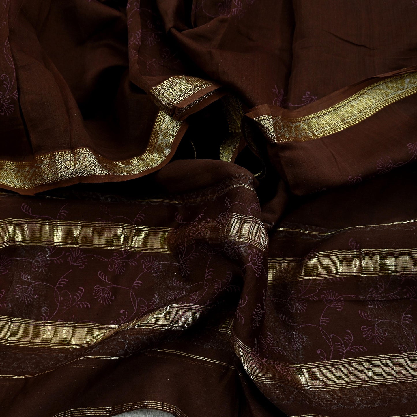 Indian Vintage Dupatta Brown Long Stole Hand Woven Pure Chanderi Silk Scarves Veil Zari Soft Fringes Scarf Wrap Boho