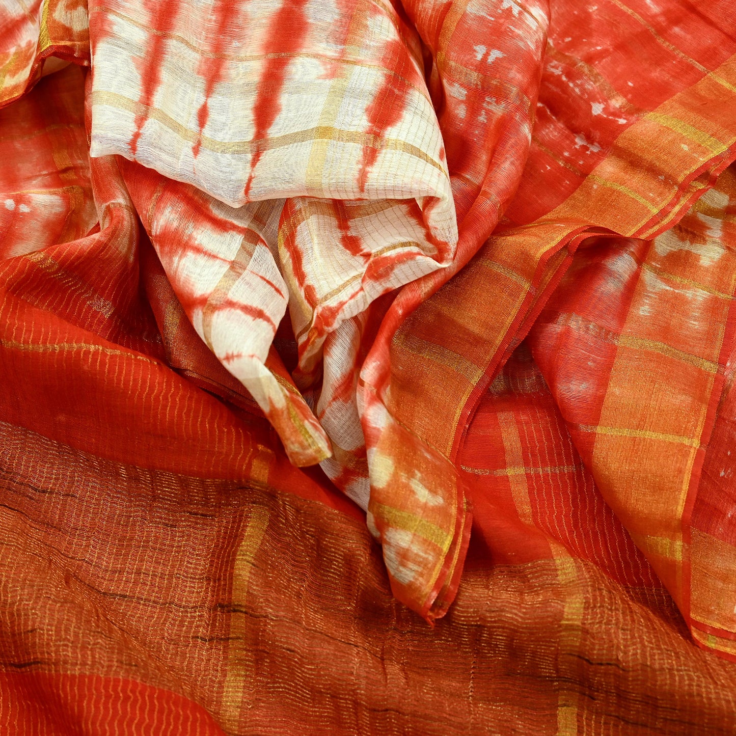Indian Vintage Dupatta Orange & White Long Stole Hand Tie-Dye Pure Chanderi Silk Scarves Veil Zari Soft Fringes Scarf Wrap Boho