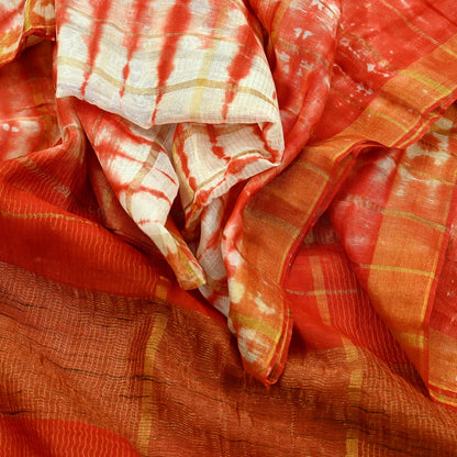 Indian Vintage Dupatta Orange & White Long Stole Hand Tie-Dye Pure Chanderi Silk Scarves Veil Zari Soft Fringes Scarf Wrap Boho