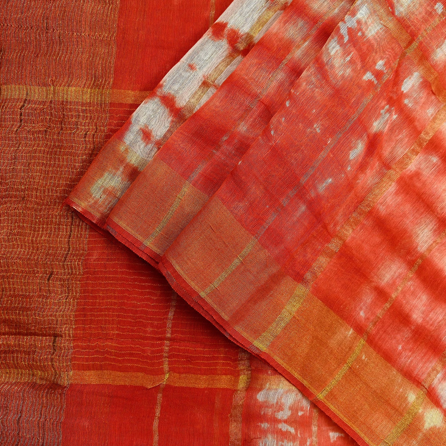 Indian Vintage Dupatta Orange & White Long Stole Hand Tie-Dye Pure Chanderi Silk Scarves Veil Zari Soft Fringes Scarf Wrap Boho