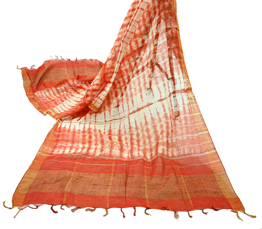Indian Vintage Dupatta Orange & White Long Stole Hand Tie-Dye Pure Chanderi Silk Scarves Veil Zari Soft Fringes Scarf Wrap Boho