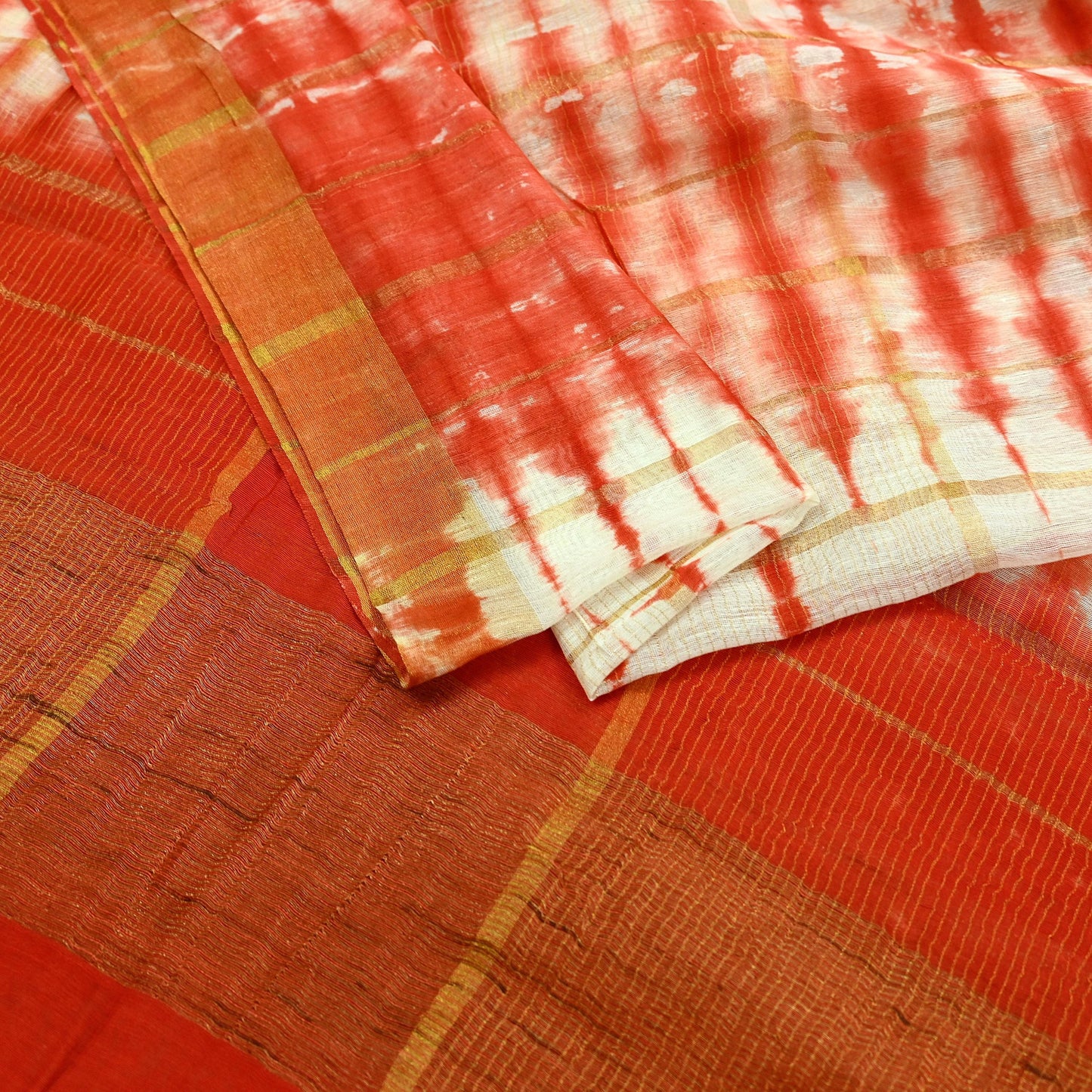 Indian Vintage Dupatta Orange & White Long Stole Hand Tie-Dye Pure Chanderi Silk Scarves Veil Zari Soft Fringes Scarf Wrap Boho