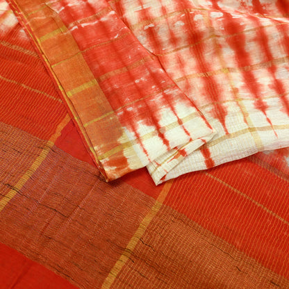 Indian Vintage Dupatta Orange & White Long Stole Hand Tie-Dye Pure Chanderi Silk Scarves Veil Zari Soft Fringes Scarf Wrap Boho