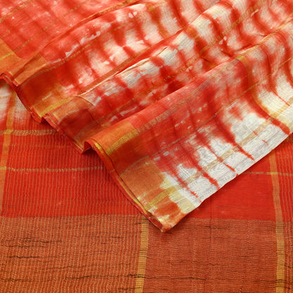 Indian Vintage Dupatta Orange & White Long Stole Hand Tie-Dye Pure Chanderi Silk Scarves Veil Zari Soft Fringes Scarf Wrap Boho