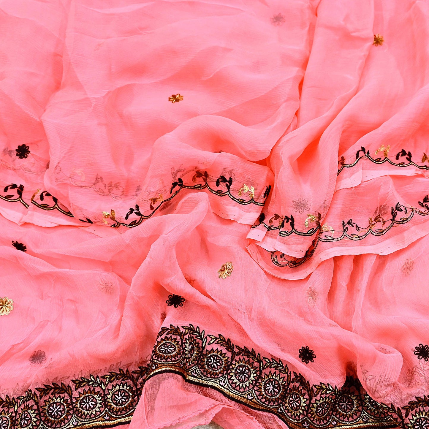 Indian Vintage Peach Dupatta Pure Chiffon silk Long Stole Hand Embroidered Scarves Floral Design Stole Veil Wrap Zari Zardozi