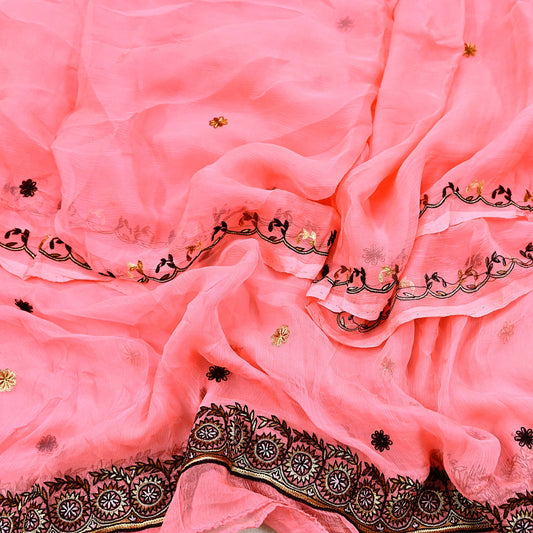 Indian Vintage Peach Dupatta Pure Chiffon silk Long Stole Hand Embroidered Scarves Floral Design Stole Veil Wrap Zari Zardozi