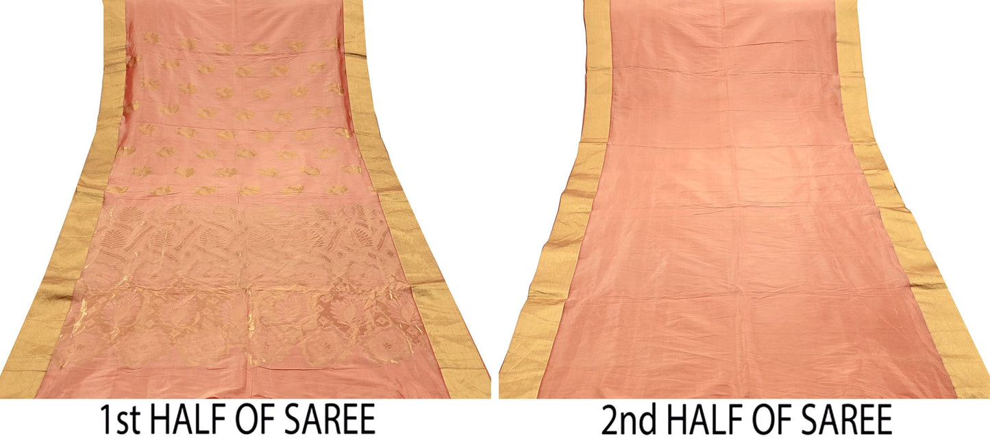 Indian Vintage Sari Peach Blend Silk Woven Kanjivaram Saree Zari 5Yd Ethnic Craft Fabric Dress making For Crafting Quilting