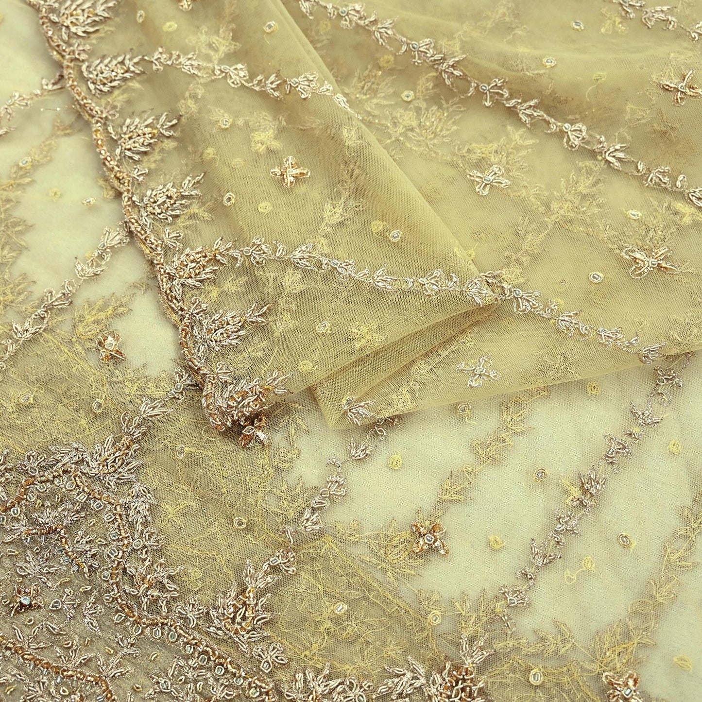 Indian Vintage Heavy Bridal Beige Dupatta Net Mesh Long Stole Hand Embroidered Scarves Zardozi Zari Glass Beaded Hijab Wedding veil