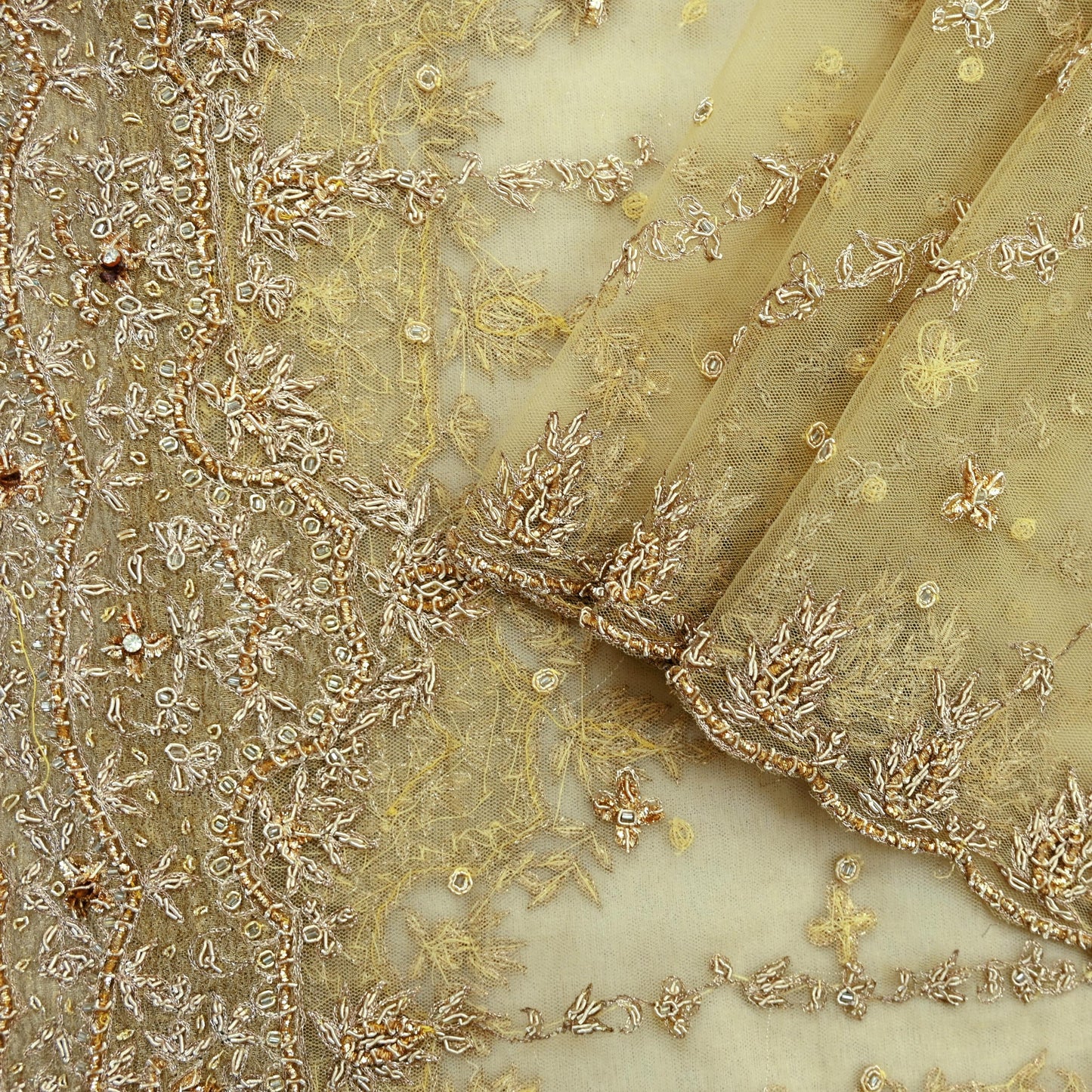 Indian Vintage Heavy Bridal Beige Dupatta Net Mesh Long Stole Hand Embroidered Scarves Zardozi Zari Glass Beaded Hijab Wedding veil