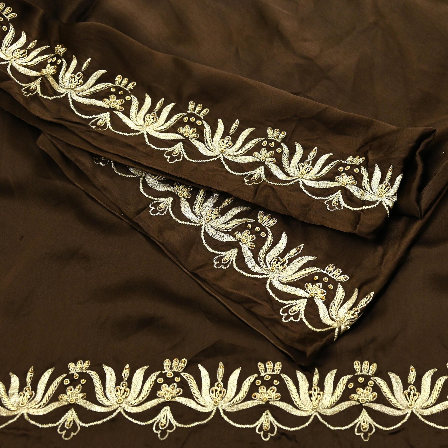 Indian Vintage Heavy Wedding Navy Brown Dupatta Pure Satin Silk Long Stole Hand Embroidered Scarves Golden Zardozi Stole Bridal Veil