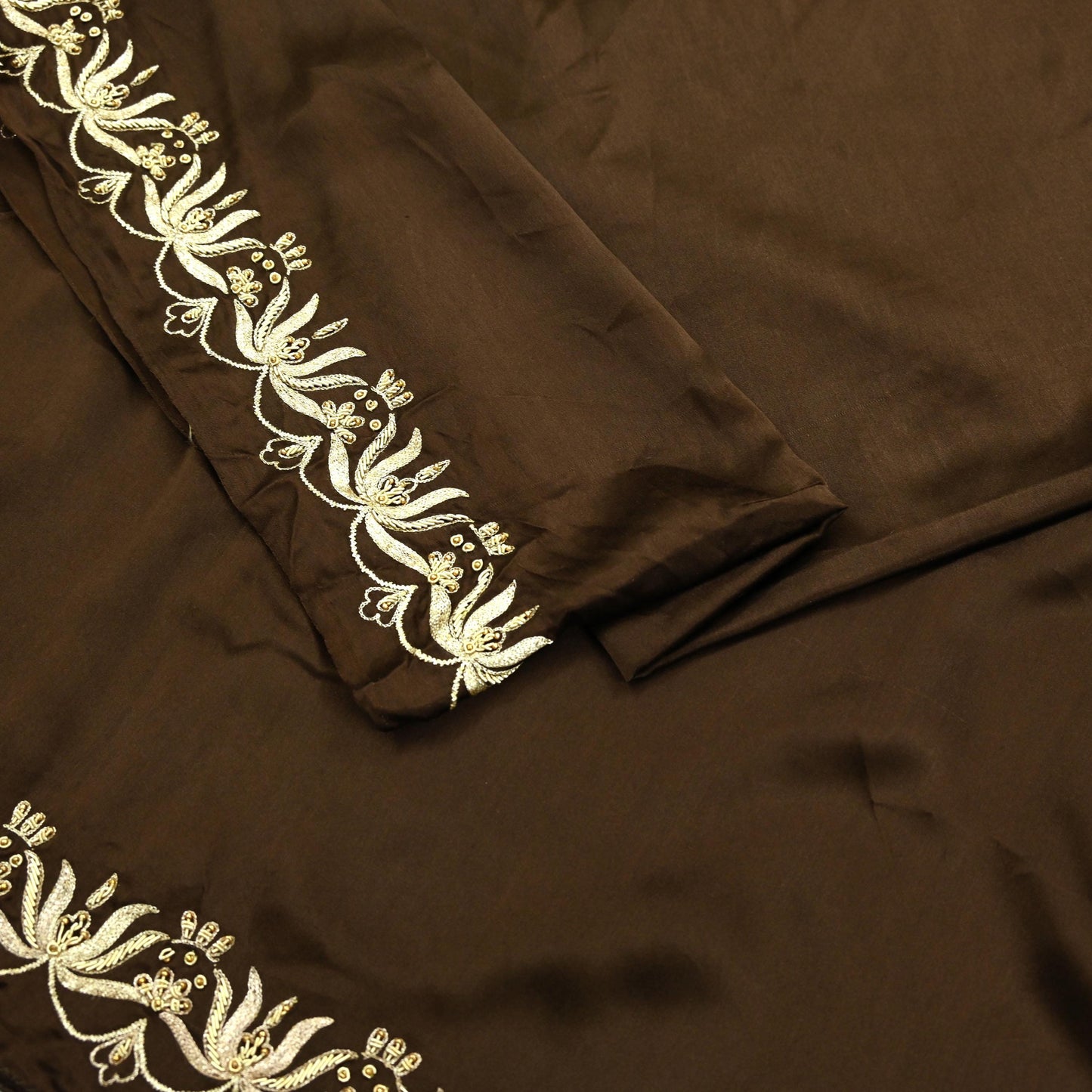 Indian Vintage Heavy Wedding Navy Brown Dupatta Pure Satin Silk Long Stole Hand Embroidered Scarves Golden Zardozi Stole Bridal Veil