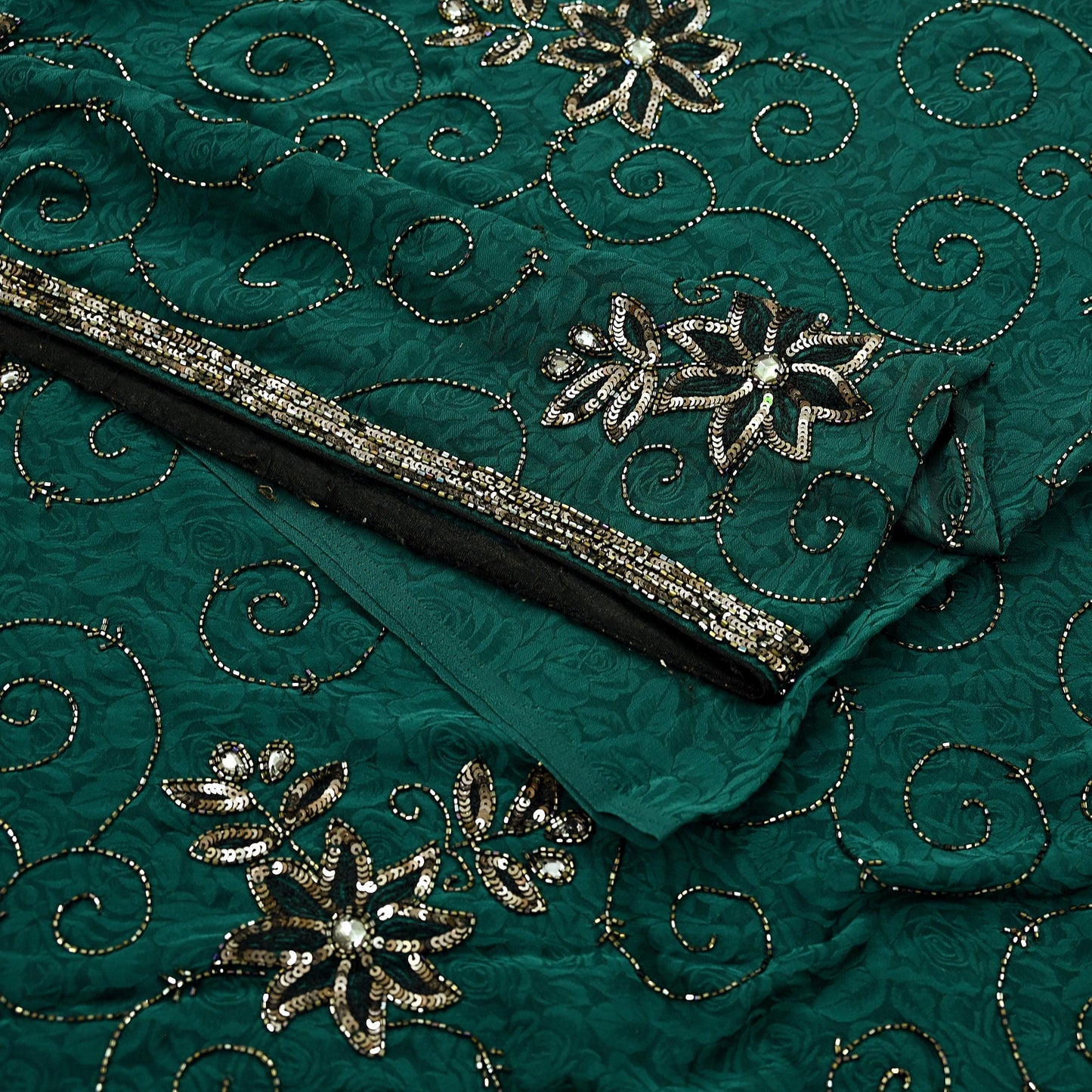 Indian Vintage Heavy Sari Green Pure Crepe Silk Hand Embroidered Sarees Craft Fabric 5Yd Sewing Zardozi Dress making With Blouse Pcs