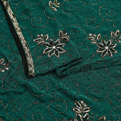 Indian Vintage Heavy Sari Green Pure Crepe Silk Hand Embroidered Sarees Craft Fabric 5Yd Sewing Zardozi Dress making With Blouse Pcs