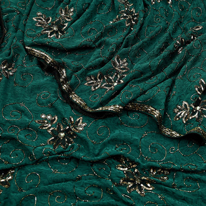 Indian Vintage Heavy Sari Green Pure Crepe Silk Hand Embroidered Sarees Craft Fabric 5Yd Sewing Zardozi Dress making With Blouse Pcs