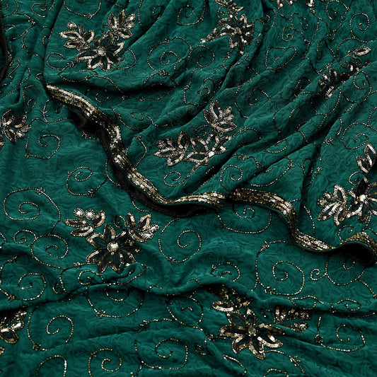 Indian Vintage Heavy Sari Green Pure Crepe Silk Hand Embroidered Sarees Craft Fabric 5Yd Sewing Zardozi Dress making With Blouse Pcs