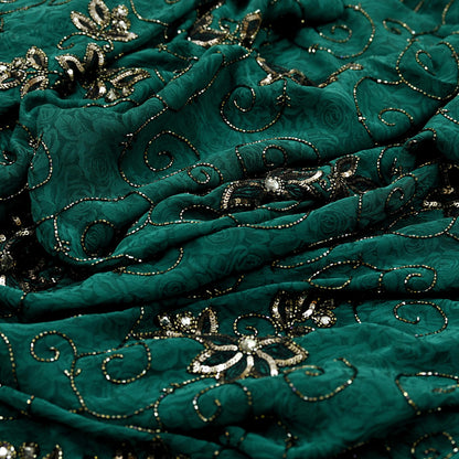 Indian Vintage Heavy Sari Green Pure Crepe Silk Hand Embroidered Sarees Craft Fabric 5Yd Sewing Zardozi Dress making With Blouse Pcs