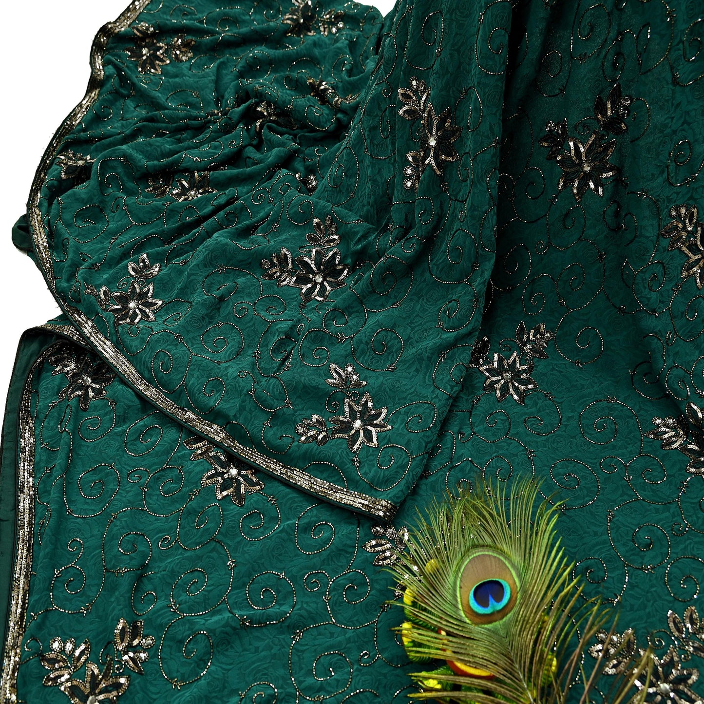 Indian Vintage Heavy Sari Green Pure Crepe Silk Hand Embroidered Sarees Craft Fabric 5Yd Sewing Zardozi Dress making With Blouse Pcs