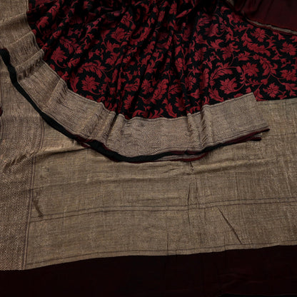 Indian Vintage Heavy Sari Black Hand Woven Sarees 100% Pure Silk Zari 5Yd Dress making Crafting Upcycle Quilting Floral