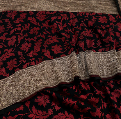 Indian Vintage Heavy Sari Black Hand Woven Sarees 100% Pure Silk Zari 5Yd Dress making Crafting Upcycle Quilting Floral