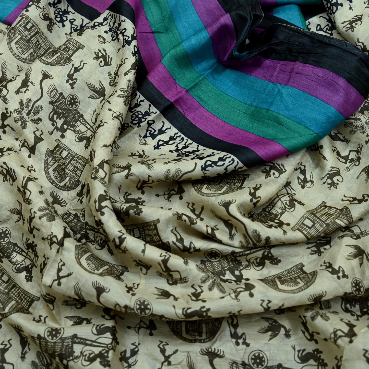 Indian Vintage Ivory Saree Pure Khadi Silk Handloom Warli Printed Sari Craft Fabric 5yd Ethnic Wear Sari Humans Dress making Crafting