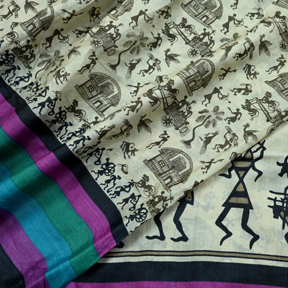 Indian Vintage Ivory Saree Pure Khadi Silk Handloom Warli Printed Sari Craft Fabric 5yd Ethnic Wear Sari Humans Dress making Crafting