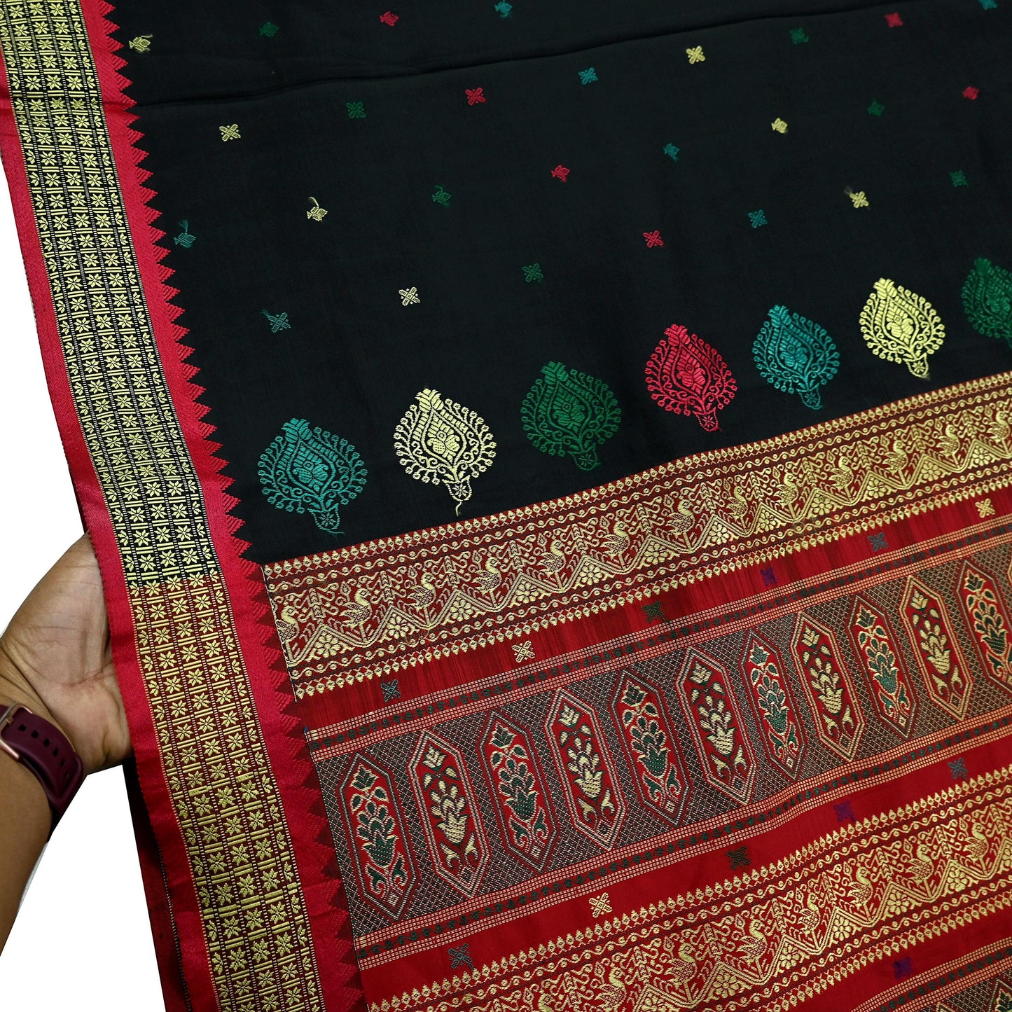 Indian Vintage Sari Black & Red Artificial Silk Hand Woven Saree Fabric 5yd Sewing Craft Dress Making Soft Floral Ethnic