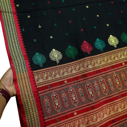 Indian Vintage Sari Black & Red Artificial Silk Hand Woven Saree Fabric 5yd Sewing Craft Dress Making Soft Floral Ethnic