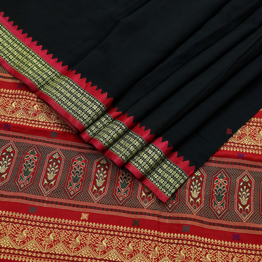 Indian Vintage Sari Black & Red Artificial Silk Hand Woven Saree Fabric 5yd Sewing Craft Dress Making Soft Floral Ethnic