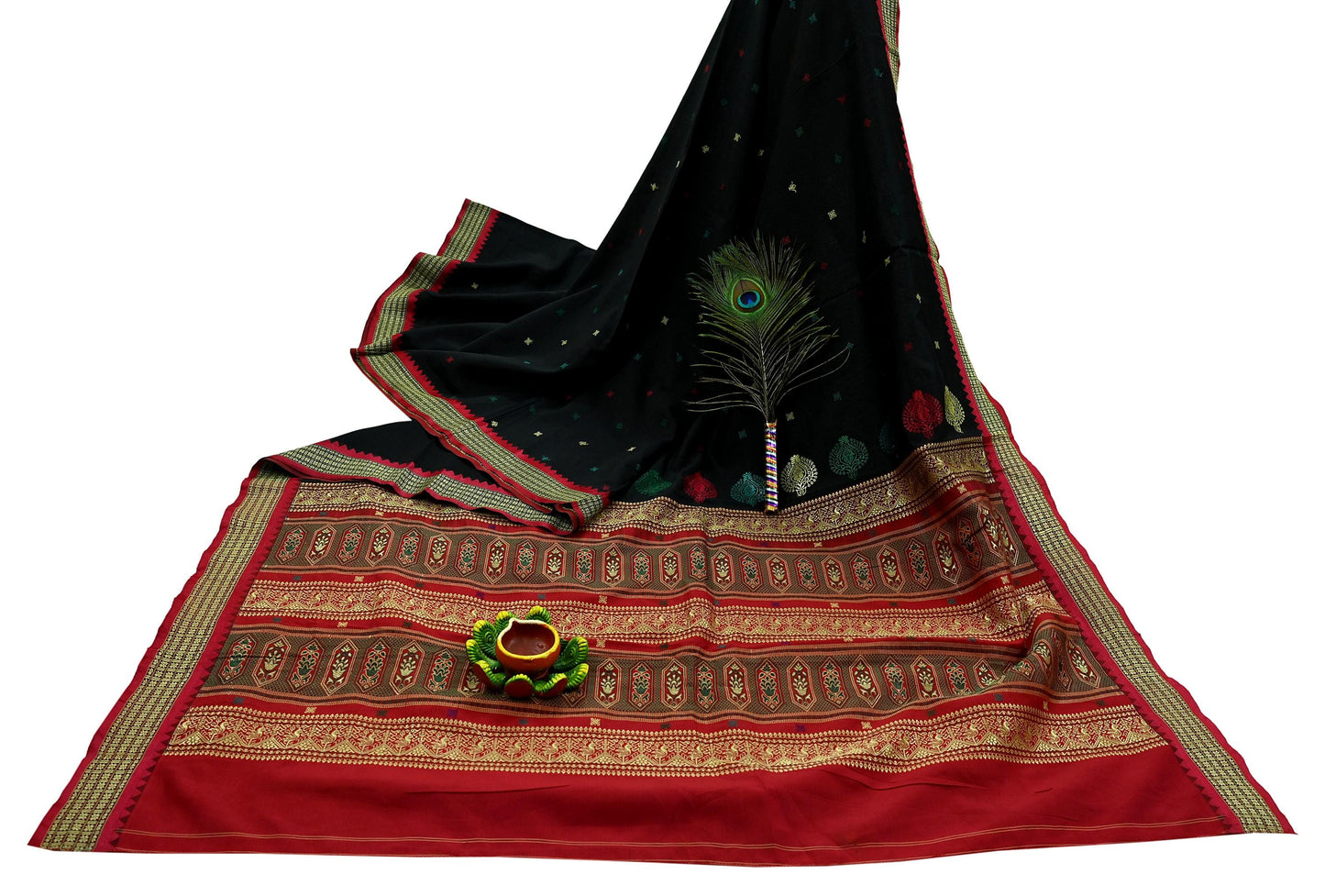 Indian Vintage Sari Black & Red Artificial Silk Hand Woven Saree Fabric 5yd Sewing Craft Dress Making Soft Floral Ethnic