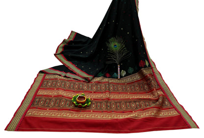 Indian Vintage Sari Black & Red Artificial Silk Hand Woven Saree Fabric 5yd Sewing Craft Dress Making Soft Floral Ethnic