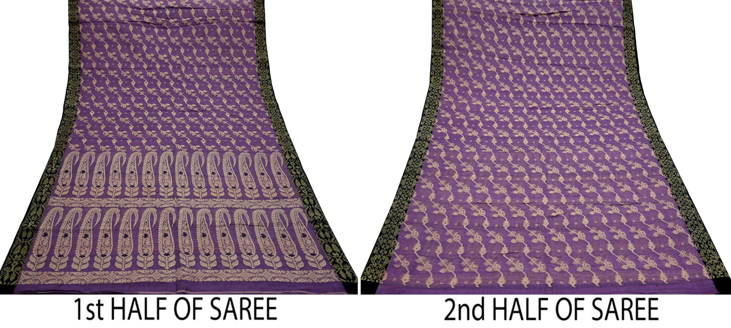 Indian Vintage Sari Purple Pure Cotton Hand Woven Sarees Craft Fabric 5yd Ethnic Crafting Quilting Dress Making Quilting With Blouse Fabric