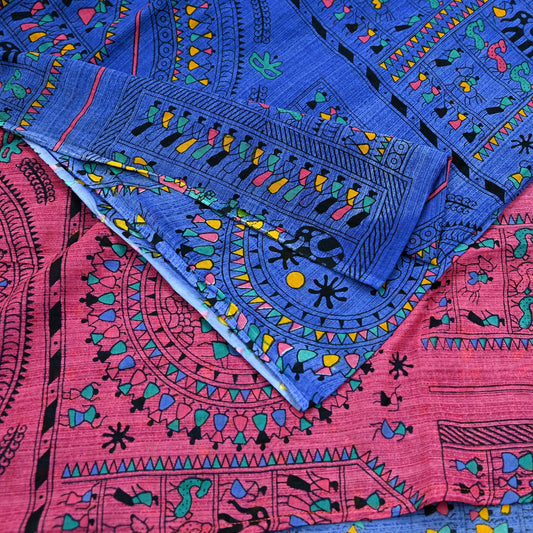 Indian Vintage Blue & Pink Saree Warli Print Pure Cotton Sari Craft Fabric 5Yd Soft Sewing Sarong Wrap Boho Dress making Crafting Quilting