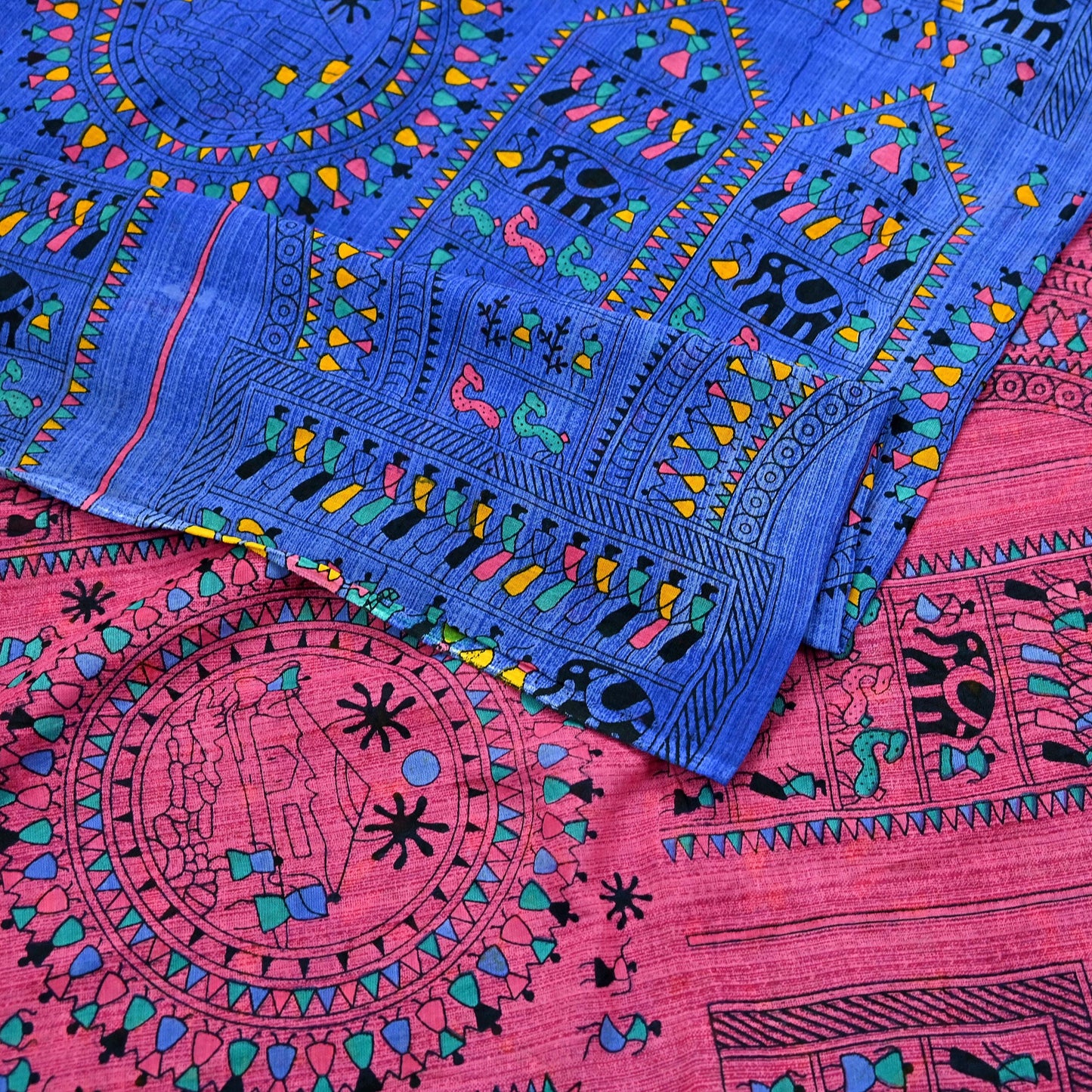 Indian Vintage Blue & Pink Saree Warli Print Pure Cotton Sari Craft Fabric 5Yd Soft Sewing Sarong Wrap Boho Dress making Crafting Quilting