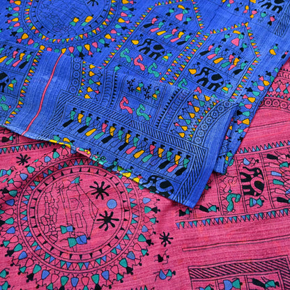 Indian Vintage Blue & Pink Saree Warli Print Pure Cotton Sari Craft Fabric 5Yd Soft Sewing Sarong Wrap Boho Dress making Crafting Quilting