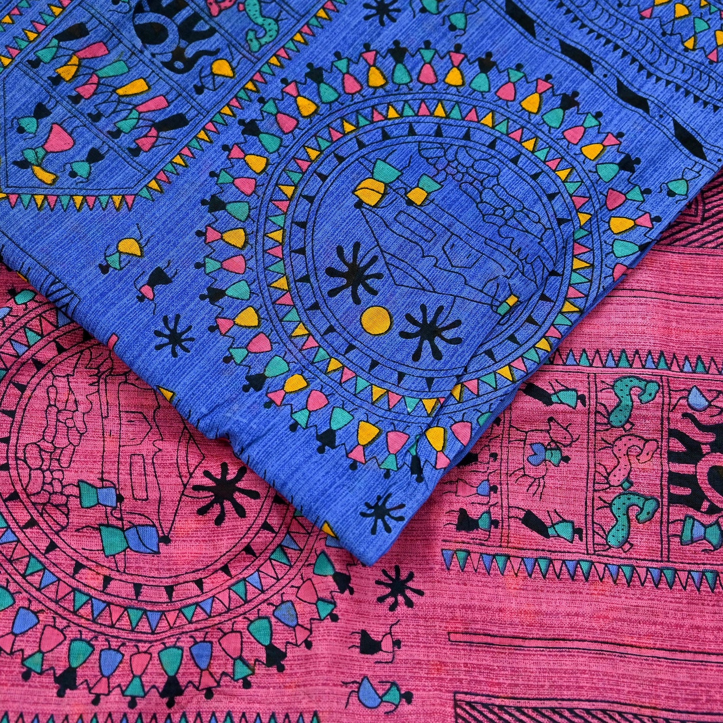 Indian Vintage Blue & Pink Saree Warli Print Pure Cotton Sari Craft Fabric 5Yd Soft Sewing Sarong Wrap Boho Dress making Crafting Quilting