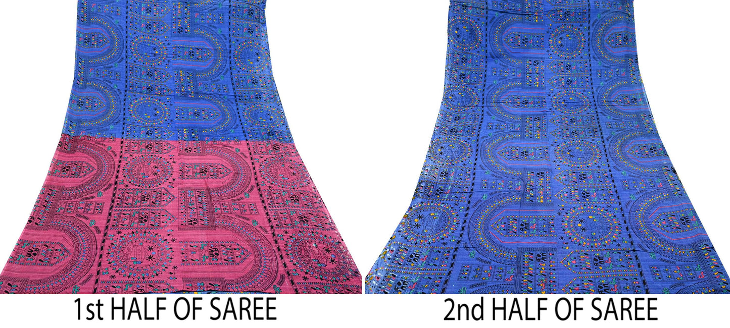 Indian Vintage Blue & Pink Saree Warli Print Pure Cotton Sari Craft Fabric 5Yd Soft Sewing Sarong Wrap Boho Dress making Crafting Quilting