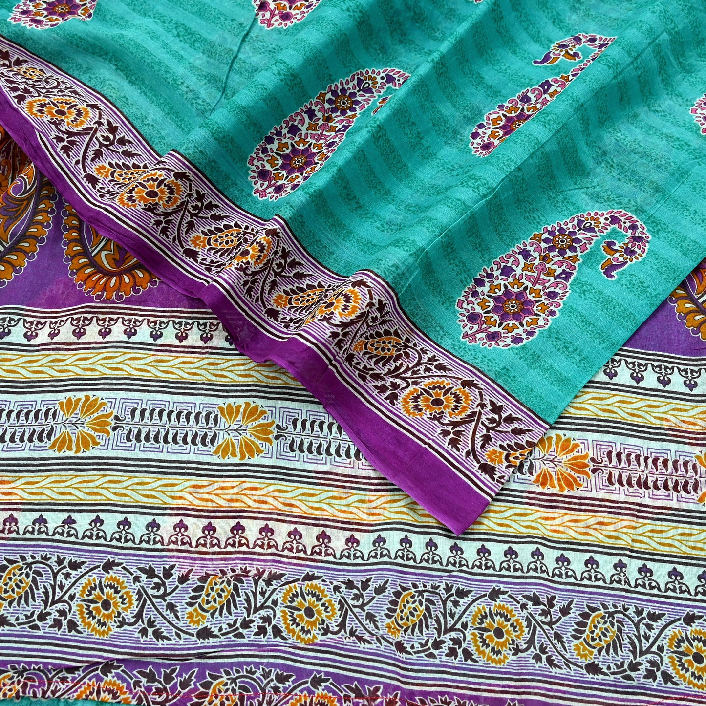 Indian Vintage Sari Purple & Green Pure Cotton Printed Saree 5Yd Craft Fabric Sewing Sarong Wrap Boho Floral Quilting crafting dressmaking