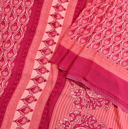 Indian Vintage Sari Peach & Pink Moss Crepe Printed Sarees 5yd Craft Fabric Sewing Floral Soft Dress making Quilting Crafting Upcycle Used