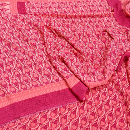 Indian Vintage Sari Peach & Pink Moss Crepe Printed Sarees 5yd Craft Fabric Sewing Floral Soft Dress making Quilting Crafting Upcycle Used