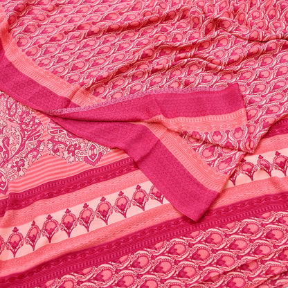 Indian Vintage Sari Peach & Pink Moss Crepe Printed Sarees 5yd Craft Fabric Sewing Floral Soft Dress making Quilting Crafting Upcycle Used